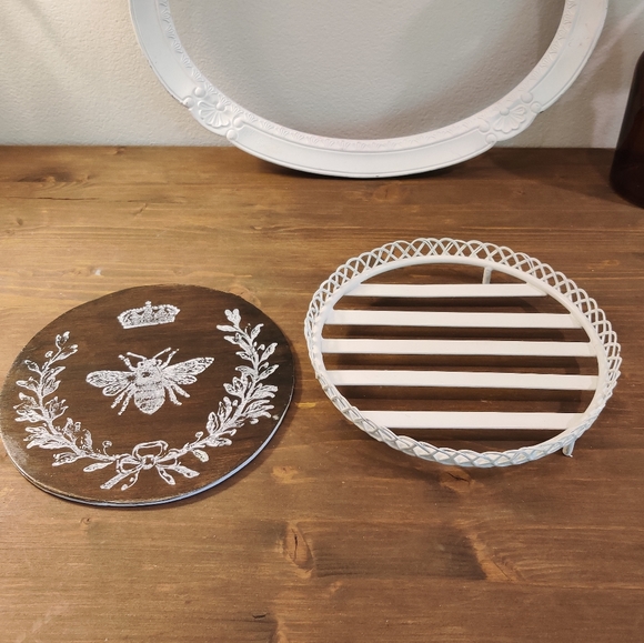 Vintage Cast Iron Plant Stand with Dual Sided Wood Art Round - Picture 4 of 7